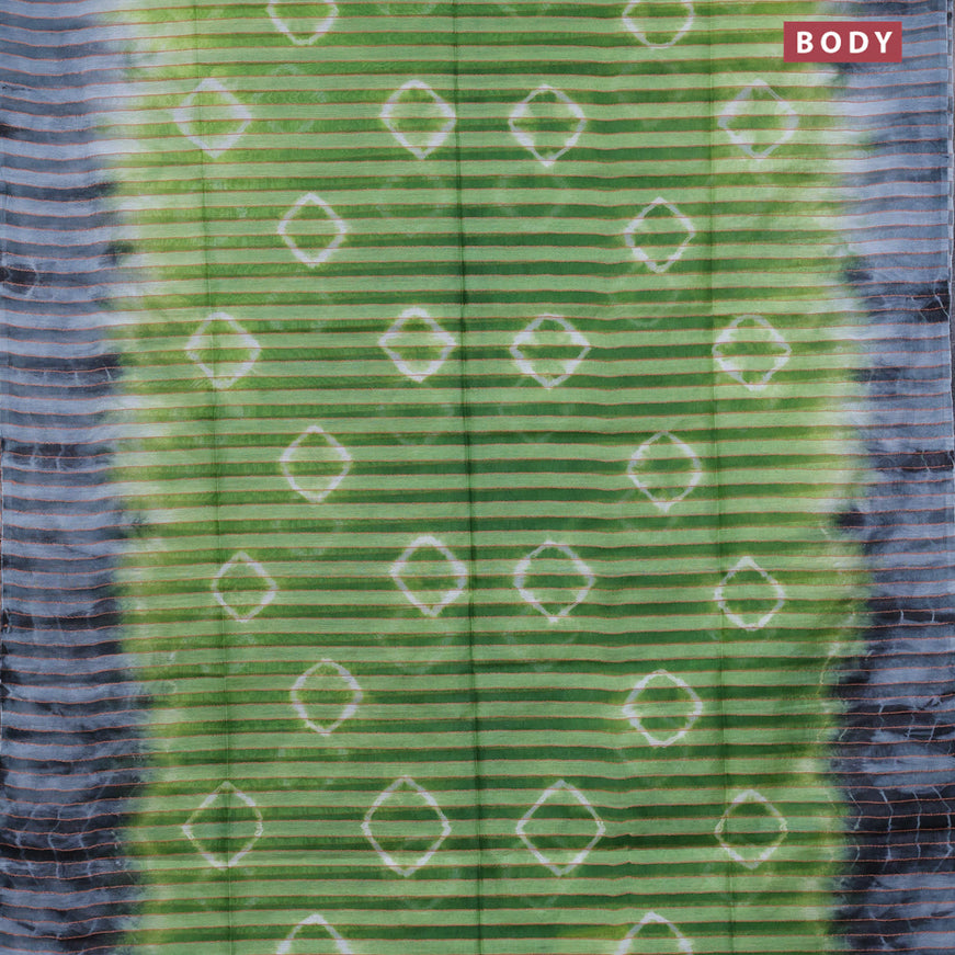 Bamboo saree green and grey with allover stripes pattern & batik prints and sequin work pallu