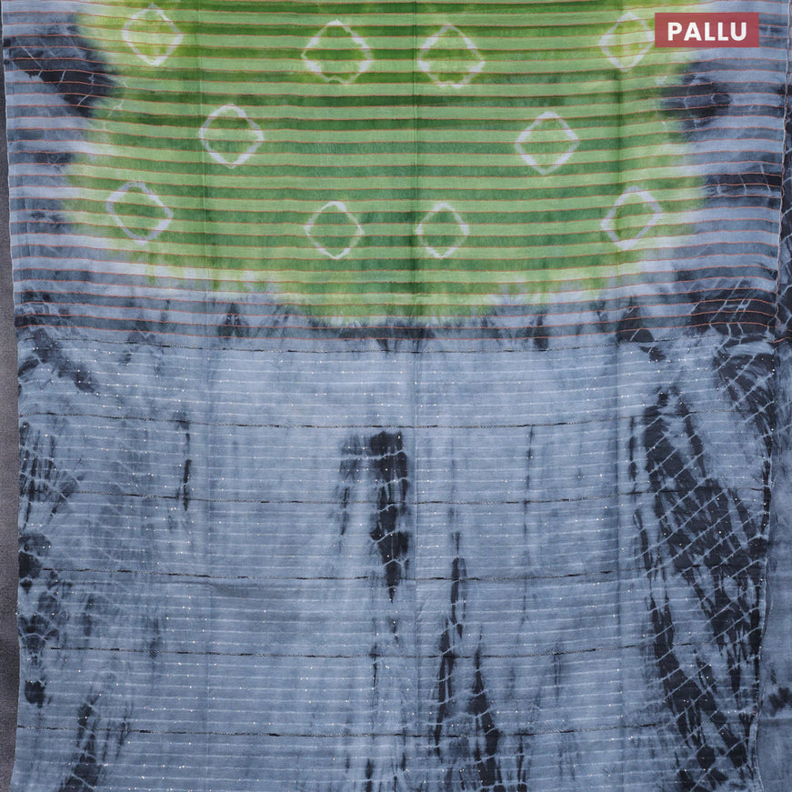 Bamboo saree green and grey with allover stripes pattern & batik prints and sequin work pallu