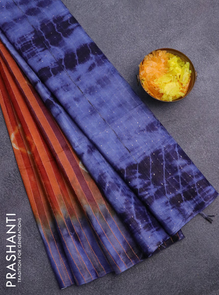 Bamboo saree orange and blue with allover stripes pattern & batik prints and sequin work pallu