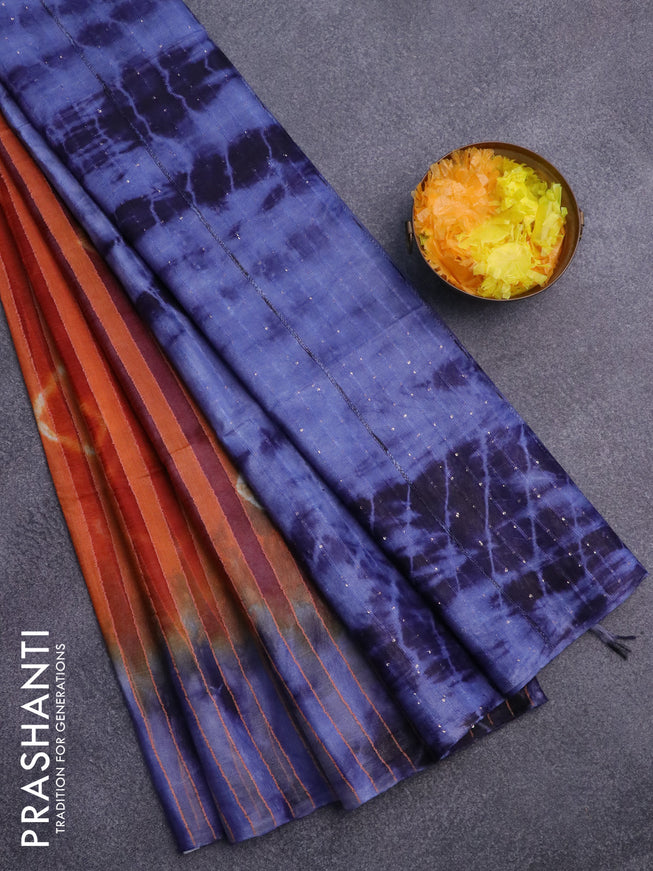 Bamboo saree orange and blue with allover stripes pattern & batik prints and sequin work pallu