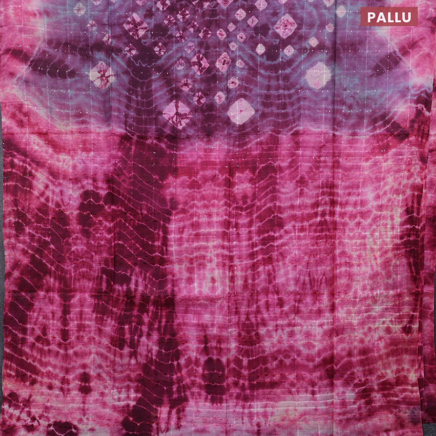 Bamboo saree grey wine shade and pink with allover sequin work & batik prints in borderless style