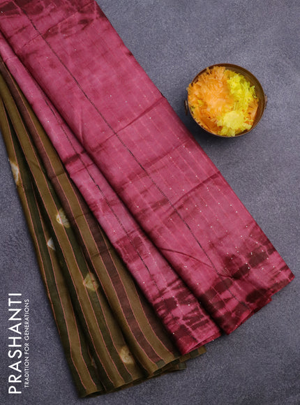 Bamboo saree sap green and pink shade with allover stripes pattern & batik prints and sequin work pallu