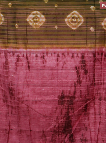 Bamboo saree sap green and pink shade with allover stripes pattern & batik prints and sequin work pallu