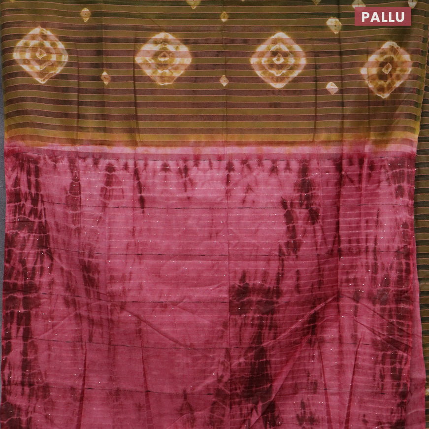 Bamboo saree sap green and pink shade with allover stripes pattern & batik prints and sequin work pallu