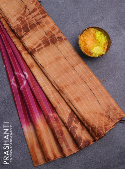 Bamboo saree magenta pink and orange shade with allover stripes pattern & batik prints and sequin work pallu