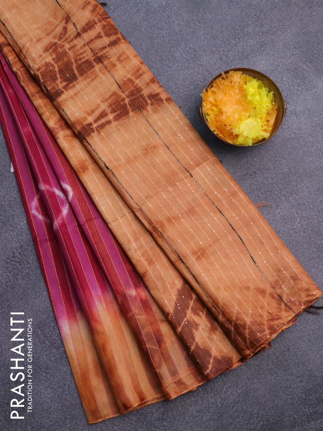 Bamboo saree magenta pink and orange shade with allover stripes pattern & batik prints and sequin work pallu