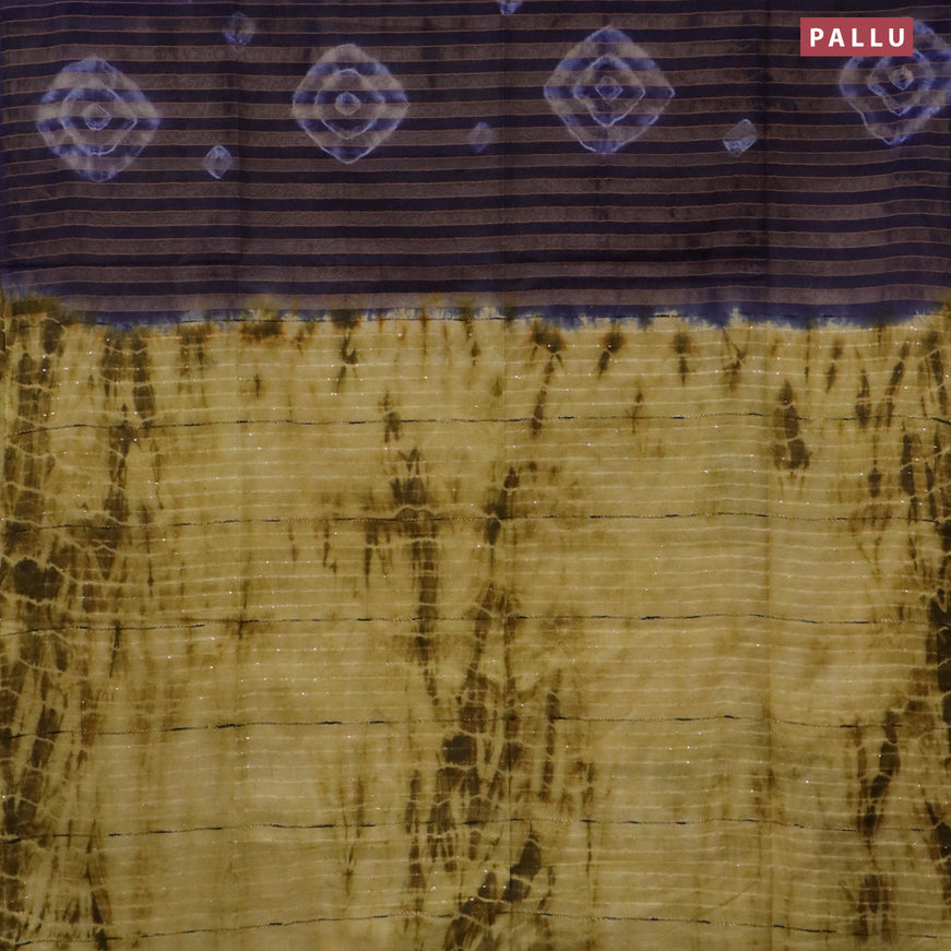 Bamboo saree navy blue and yellow shade with allover stripes pattern & batik prints and sequin work pallu