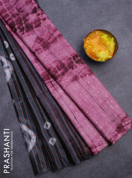 Bamboo saree grey and pink shade with allover stripes pattern & batik prints and sequin work pallu