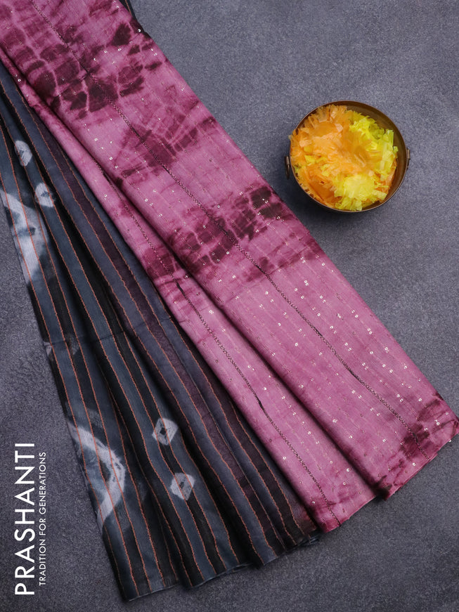 Bamboo saree grey and pink shade with allover stripes pattern & batik prints and sequin work pallu