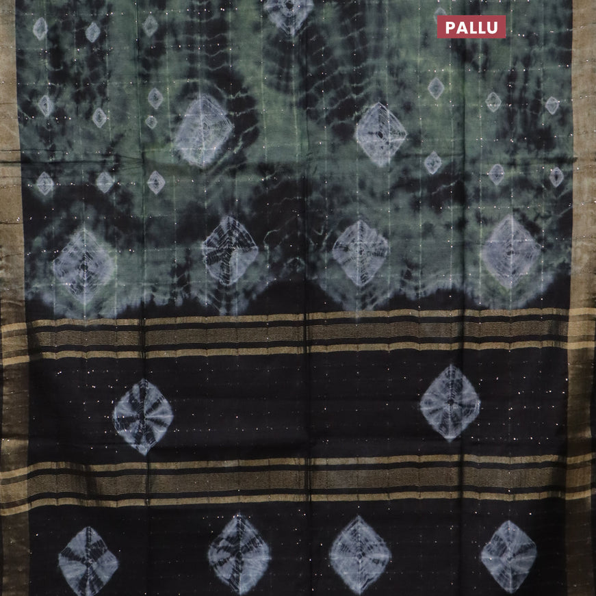 Bamboo saree green shade and black with allover sequin work & batik prints and zari woven border