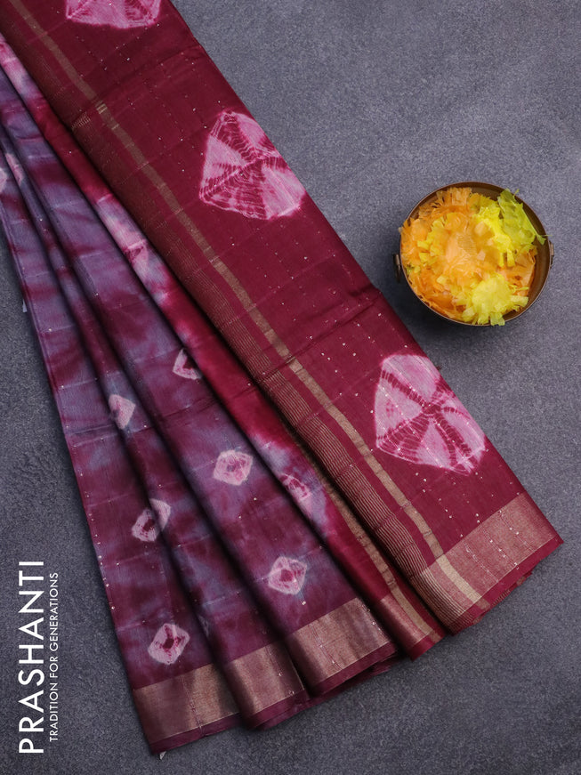 Bamboo saree grey shade and maroon with allover sequin work & batik prints and zari woven border