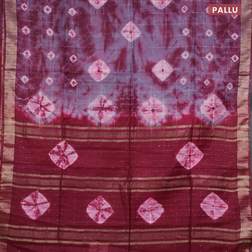 Bamboo saree grey shade and maroon with allover sequin work & batik prints and zari woven border