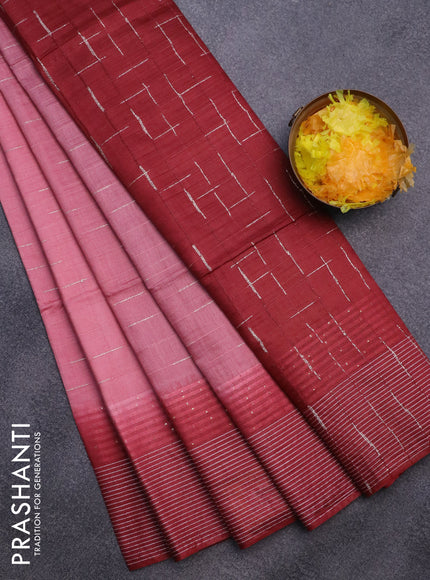 Bamboo saree peach shade and maroon with allover thread & zari stripe pattern and woven border