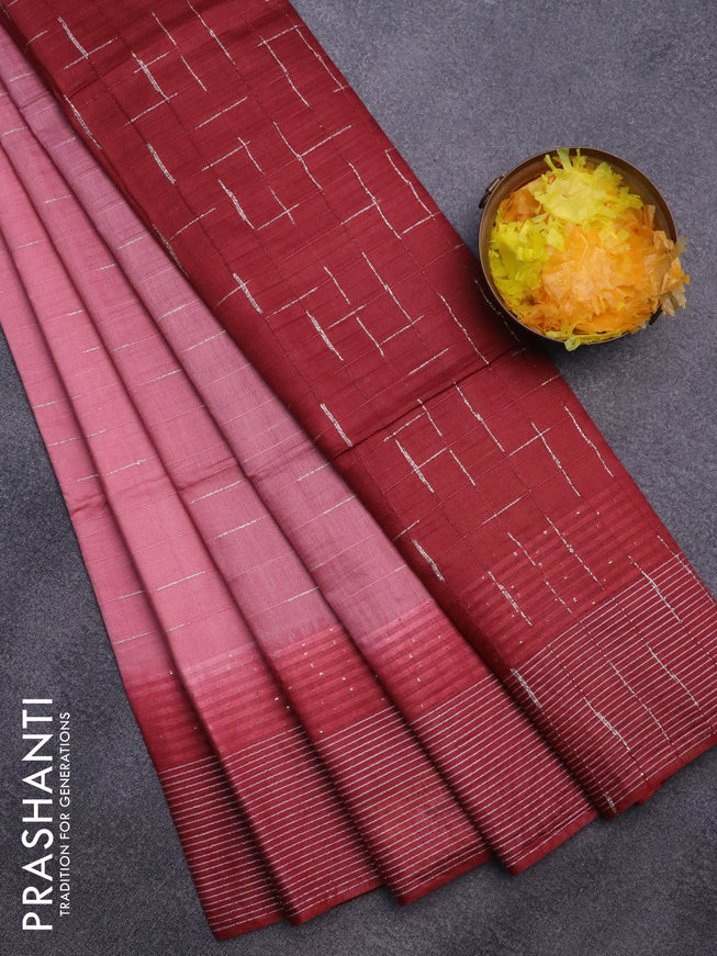 Bamboo saree peach shade and maroon with allover thread & zari stripe pattern and woven border