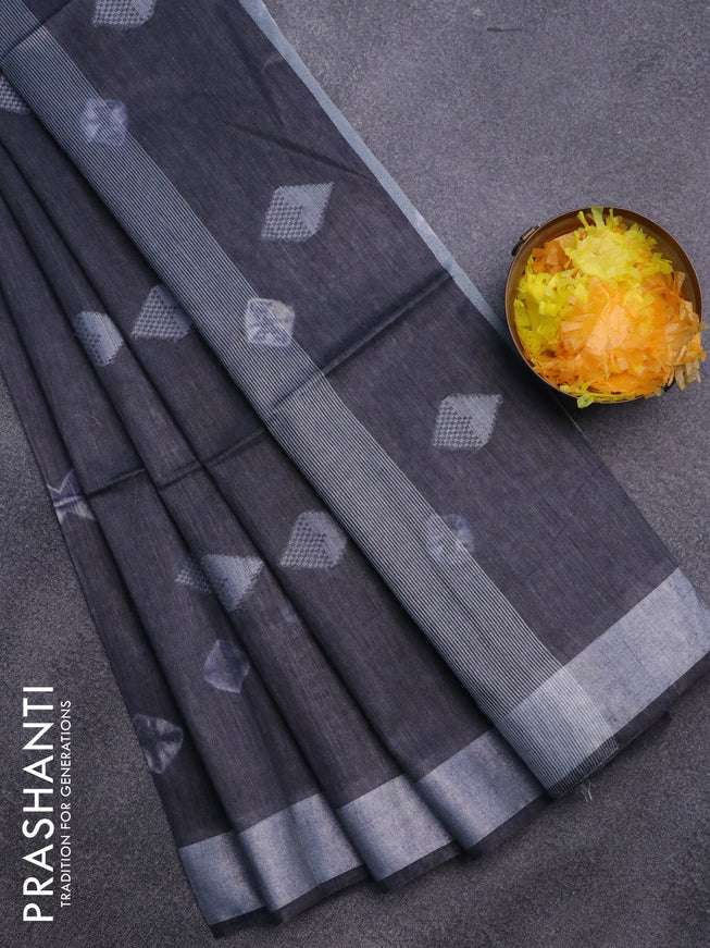 Bamboo saree dark grey with thread buttas & batik prints and silver zari woven border