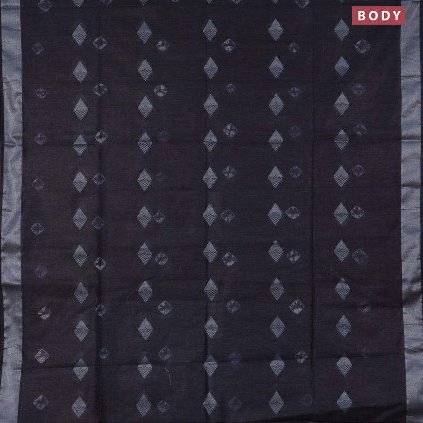 Bamboo saree dark grey with thread buttas & batik prints and silver zari woven border