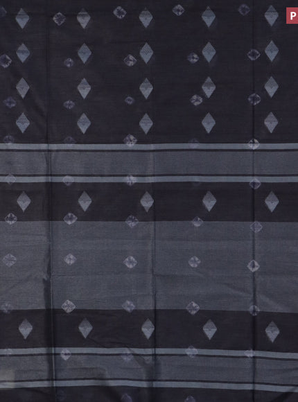 Bamboo saree dark grey with thread buttas & batik prints and silver zari woven border