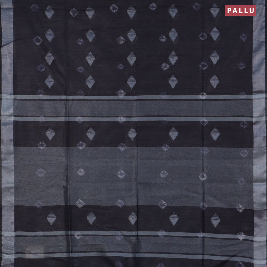 Bamboo saree dark grey with thread buttas & batik prints and silver zari woven border