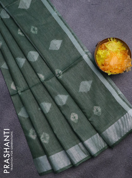 Bamboo saree green with thread buttas & batik prints and silver zari woven border