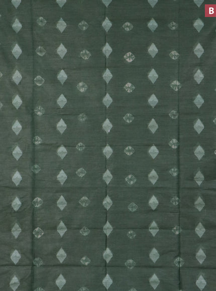 Bamboo saree green with thread buttas & batik prints and silver zari woven border