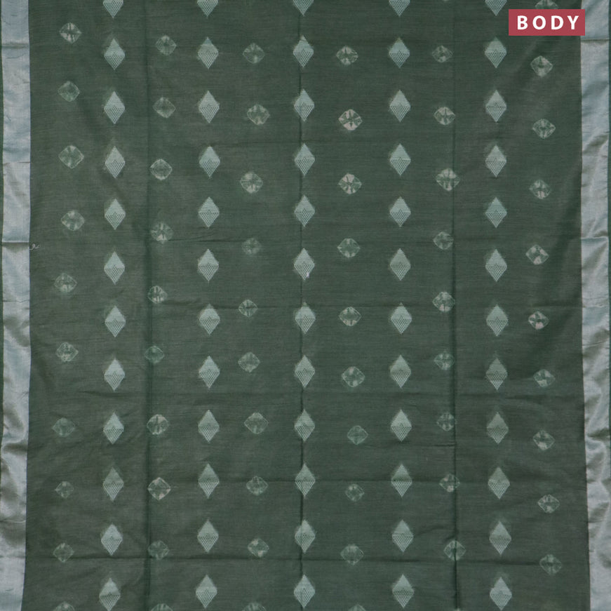 Bamboo saree green with thread buttas & batik prints and silver zari woven border