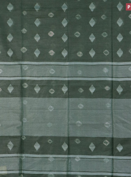 Bamboo saree green with thread buttas & batik prints and silver zari woven border