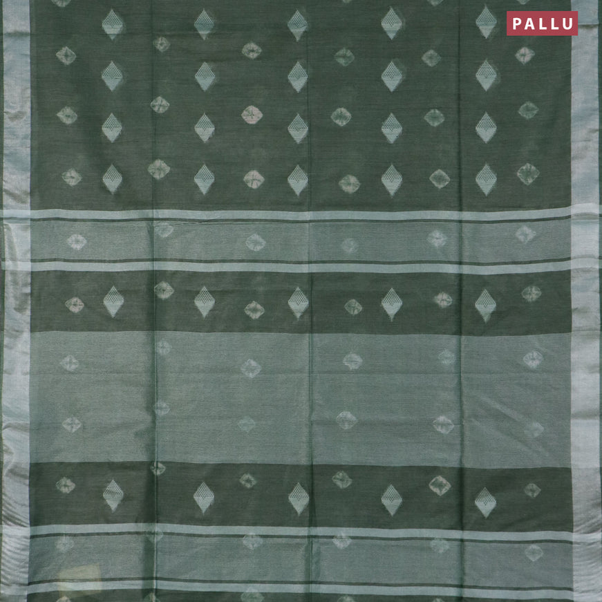 Bamboo saree green with thread buttas & batik prints and silver zari woven border