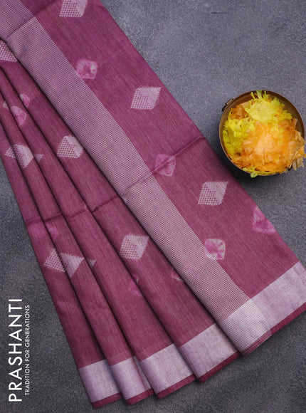 Bamboo saree wine shade with thread buttas & batik prints and silver zari woven border