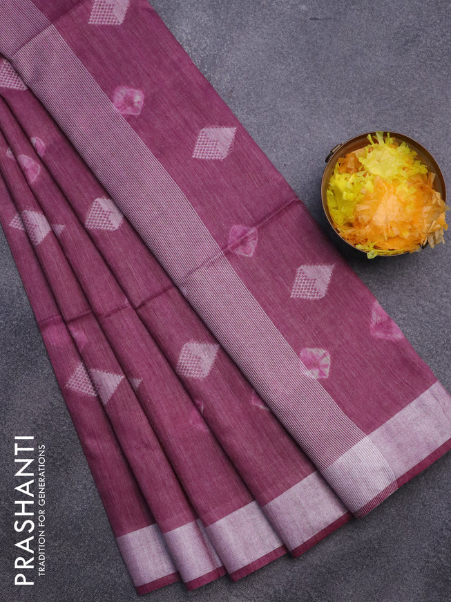 Bamboo saree wine shade with thread buttas & batik prints and silver zari woven border