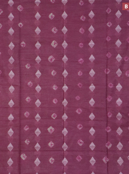 Bamboo saree wine shade with thread buttas & batik prints and silver zari woven border