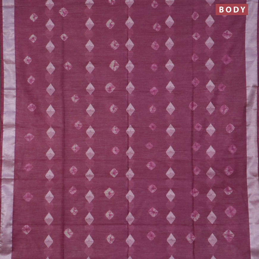 Bamboo saree wine shade with thread buttas & batik prints and silver zari woven border