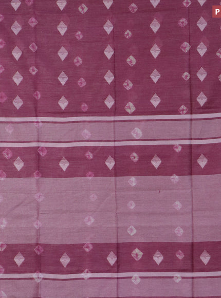 Bamboo saree wine shade with thread buttas & batik prints and silver zari woven border