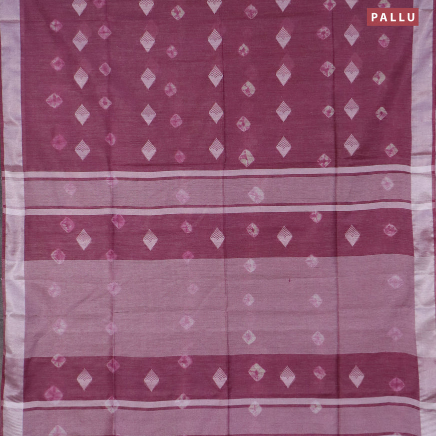 Bamboo saree wine shade with thread buttas & batik prints and silver zari woven border