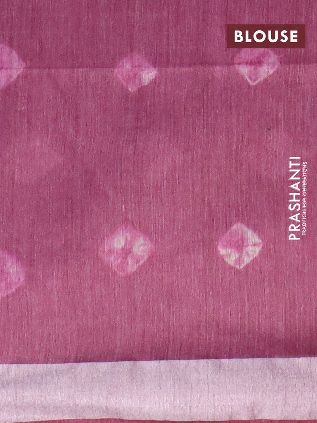 Bamboo saree wine shade with thread buttas & batik prints and silver zari woven border