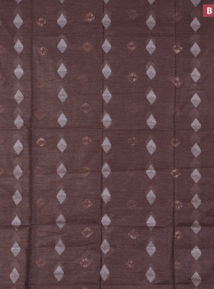 Bamboo saree coffee brown with thread buttas & batik prints and silver zari woven border