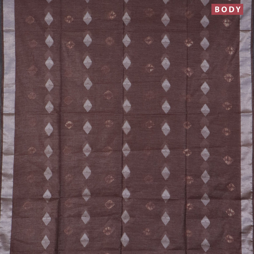 Bamboo saree coffee brown with thread buttas & batik prints and silver zari woven border