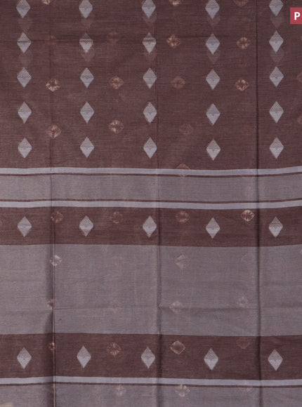 Bamboo saree coffee brown with thread buttas & batik prints and silver zari woven border