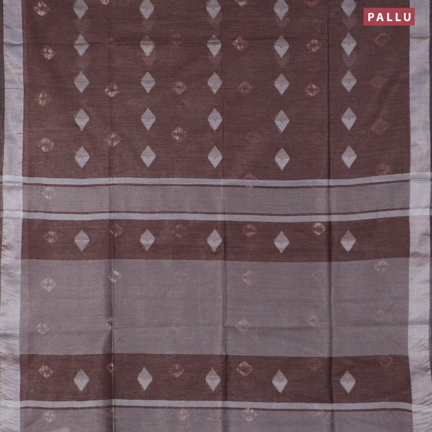 Bamboo saree coffee brown with thread buttas & batik prints and silver zari woven border