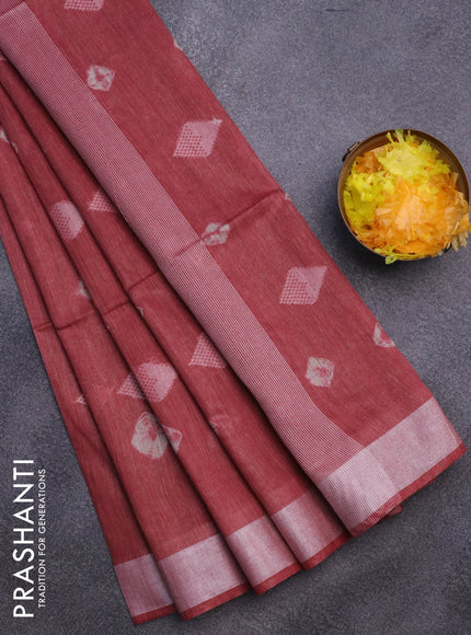 Bamboo saree maroon shade with thread buttas & batik prints and silver zari woven border