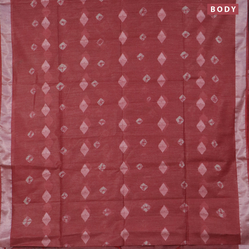 Bamboo saree maroon shade with thread buttas & batik prints and silver zari woven border