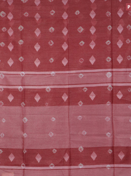 Bamboo saree maroon shade with thread buttas & batik prints and silver zari woven border