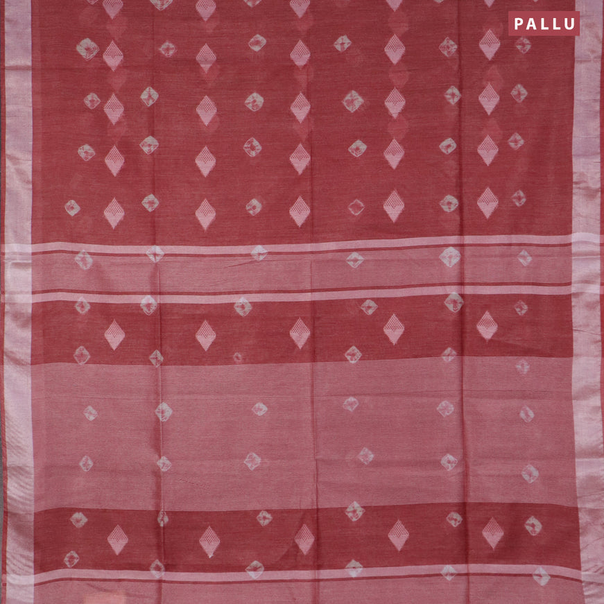 Bamboo saree maroon shade with thread buttas & batik prints and silver zari woven border