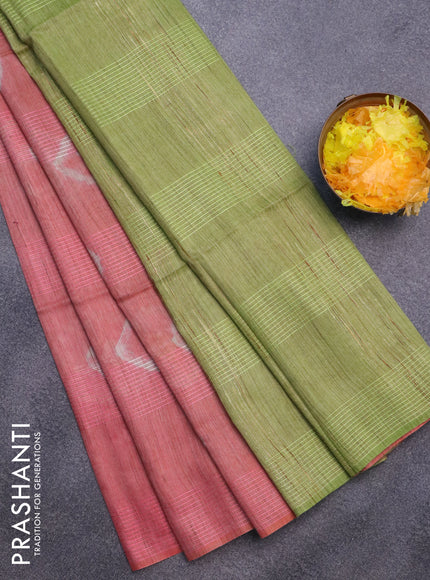 Bamboo saree peach pink shade and light green with batik butta prints & thread weaves and woven border