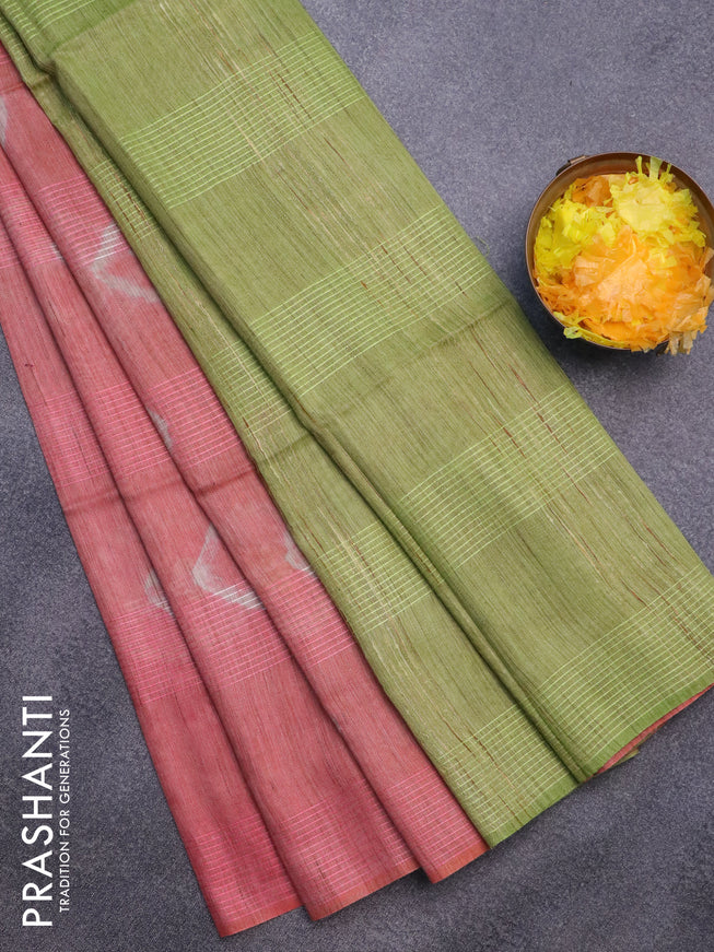 Bamboo saree peach pink shade and light green with batik butta prints & thread weaves and woven border