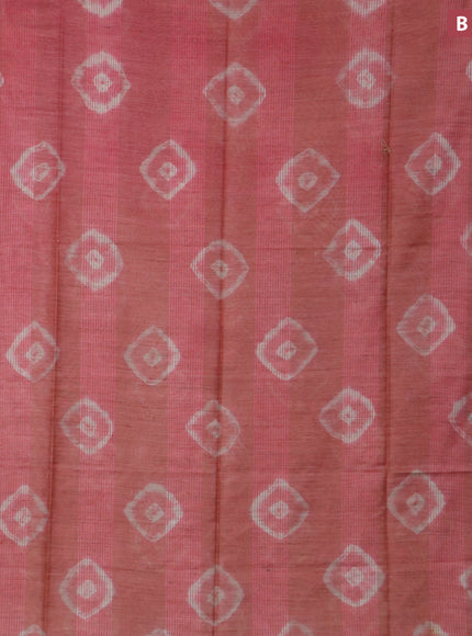 Bamboo saree peach pink shade and light green with batik butta prints & thread weaves and woven border