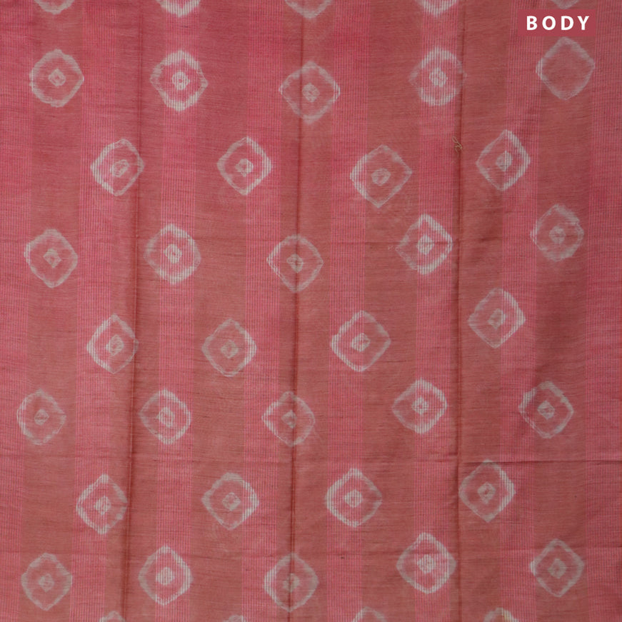 Bamboo saree peach pink shade and light green with batik butta prints & thread weaves and woven border