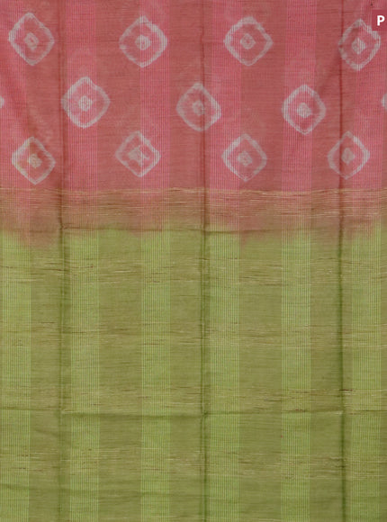 Bamboo saree peach pink shade and light green with batik butta prints & thread weaves and woven border