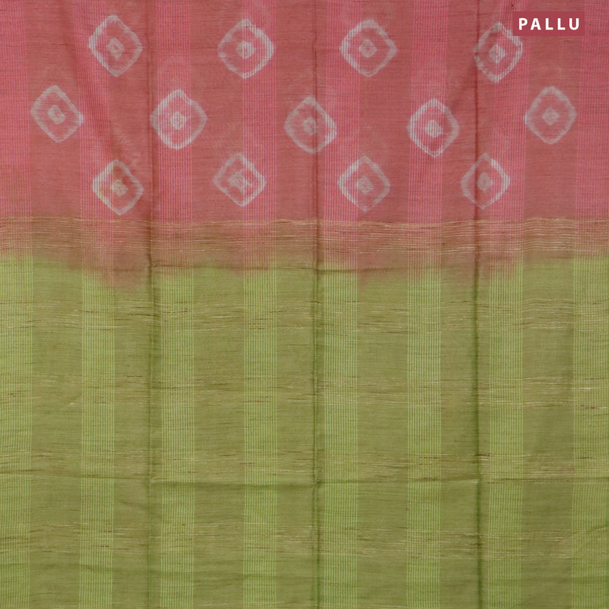 Bamboo saree peach pink shade and light green with batik butta prints & thread weaves and woven border