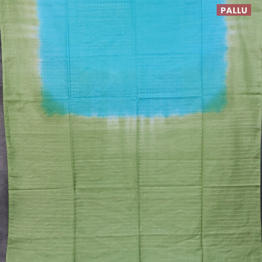 Bamboo saree teal blue and pista green with checked pattern and sequin work pallu