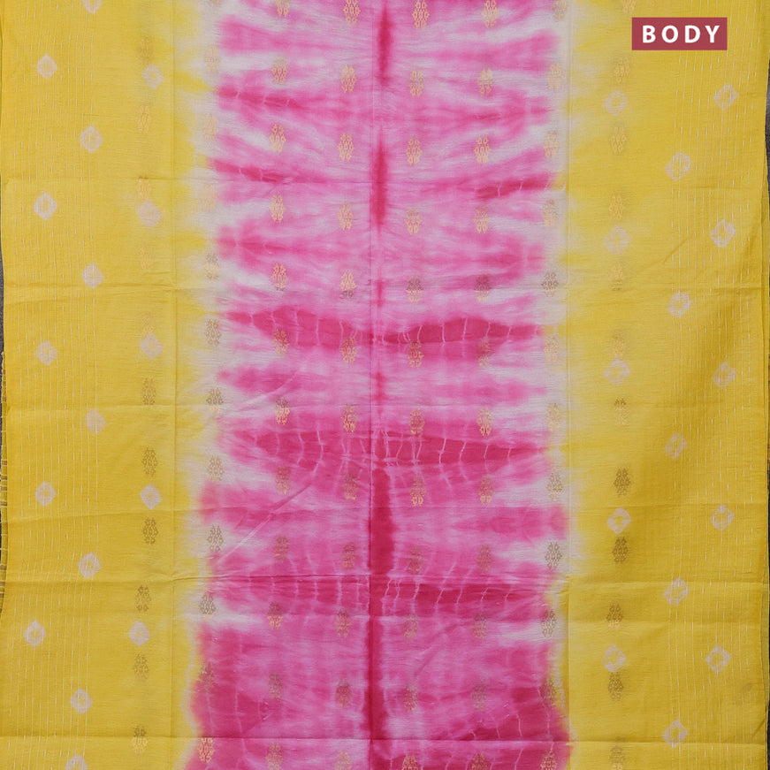 Bamboo saree light pink and yellow with tie & dye prints zari buttas and woven border